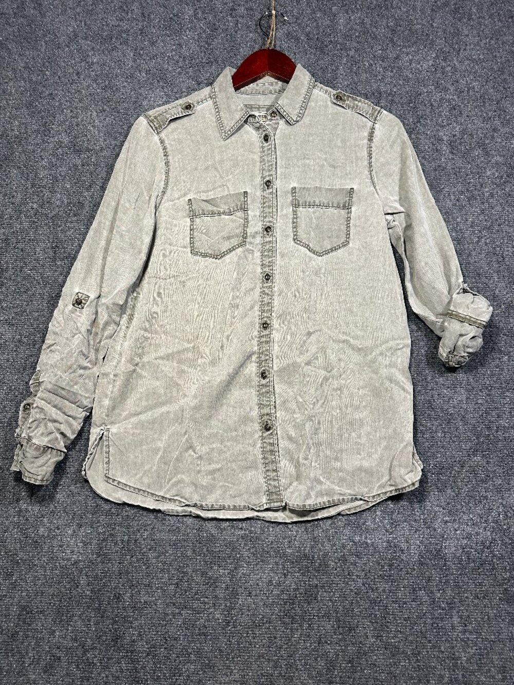 Express Boyfriend Shirt Womens XS Long Sleeve Roll Tab Sleeve Gray Wash Pockets